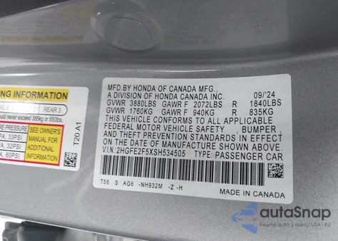 2025 Honda Civic Sport из США, поврежденный, VIN 2HGFE2F5XSH534505